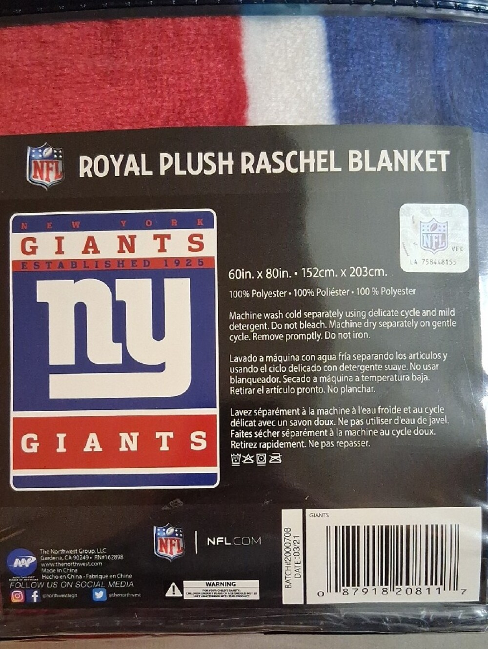 NFL New York Giants Royal Plush Raschel Blanket - 60" x 80" NWT - Picture 2 of 7
